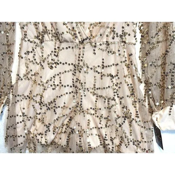 Gold Metallic Flirty Sequined Sheer Mini Romper  Prom Glam Fairy Sexy NWT Sz M - Picture 6 of 16
